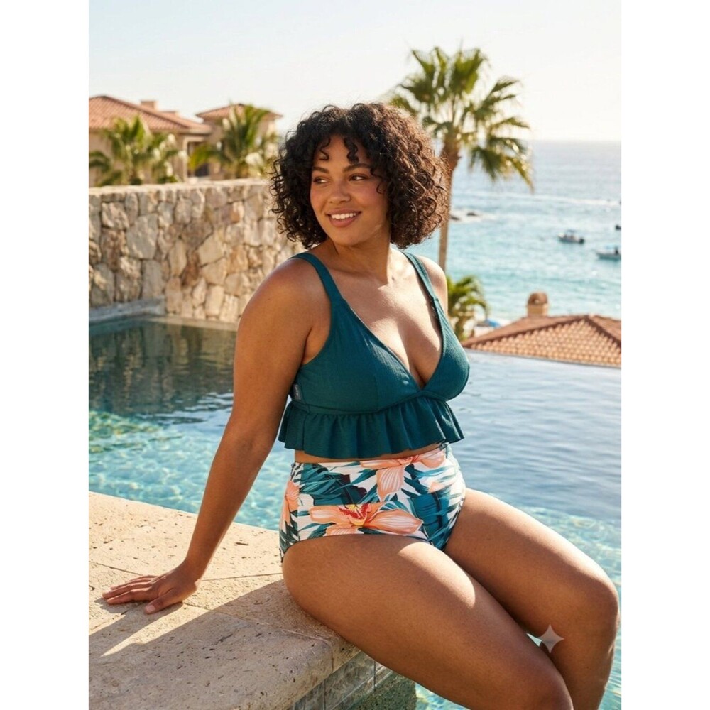 Cupshe Green Floral Peplum Bikini Set High Waisted Tropical Swimsuit